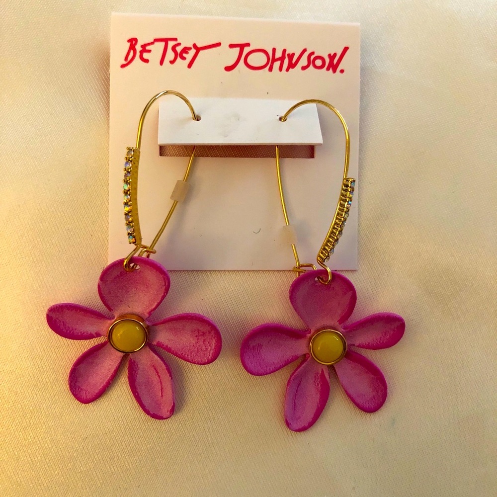 Betsey Johnson Gold Tone Pink & Yellow Flower Drop Earrings Crystal Accents NWT